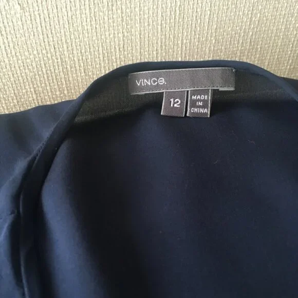 Elegant, deep blue Vince silk blouse, size 12. Generous front drape w/ button. - Picture 5 of 7